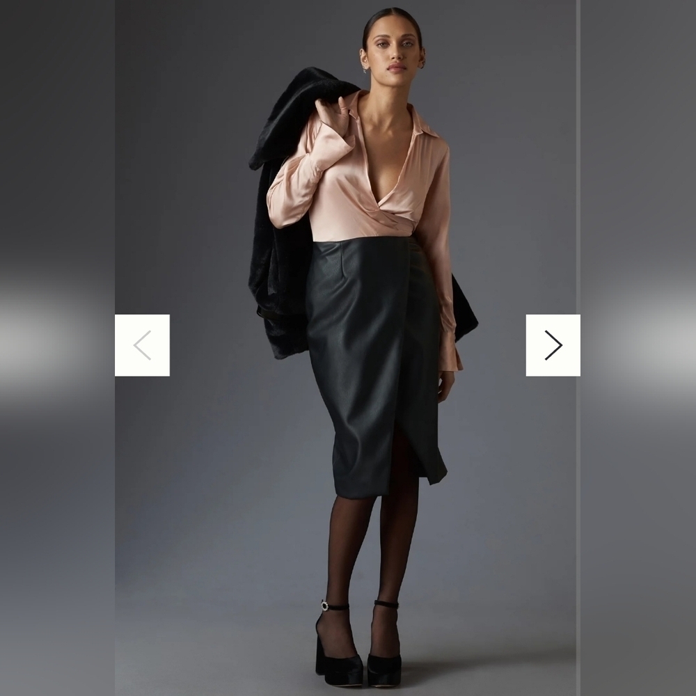 By Anthropologie Long-Sleeve V-Neck Faux Leather Satin Midi Dress Size 14
